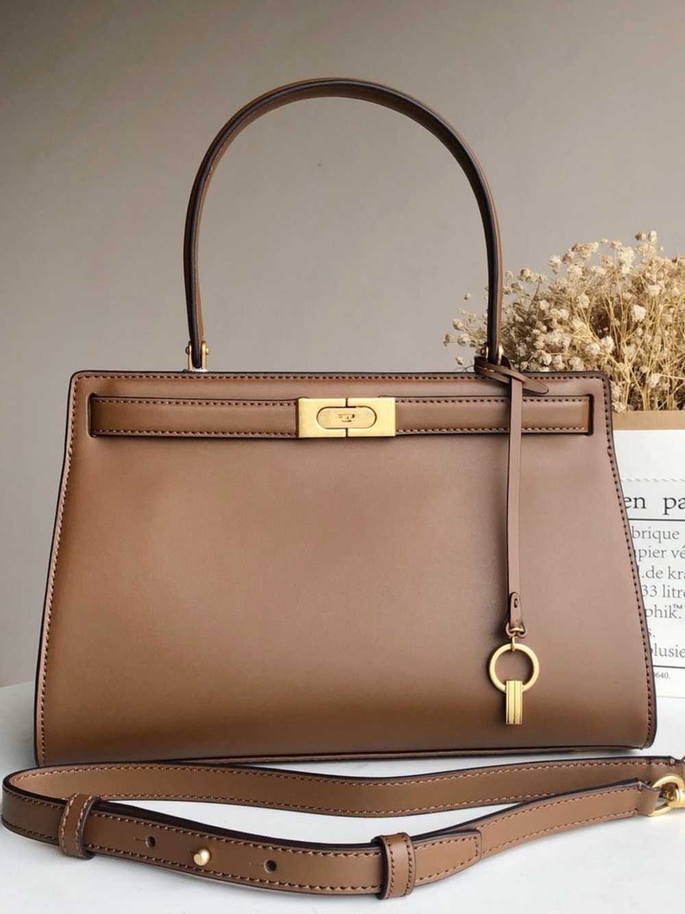 Tory Burch Smooth Brown Leather Top-Handle Satchel with Gold Hardware